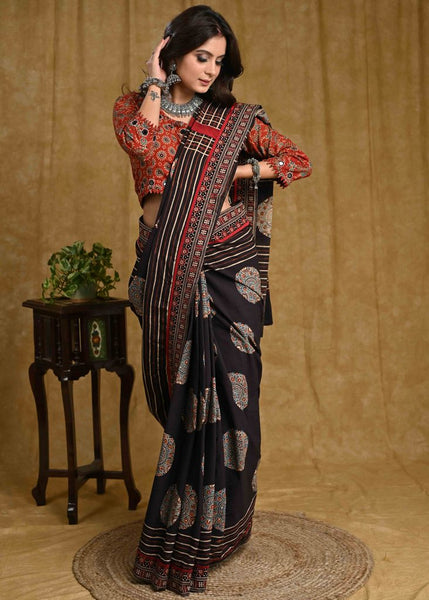 Elegant Natural Color Block Printed Black Ajrakh Saree