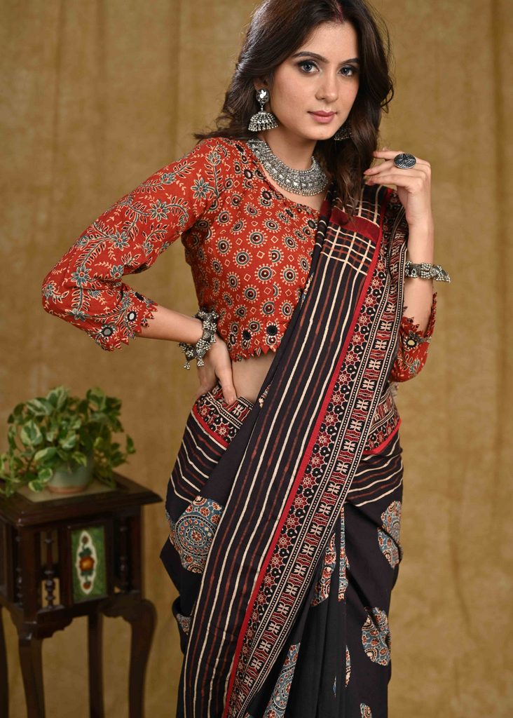 Elegant Natural Color Block Printed Black Ajrakh Saree