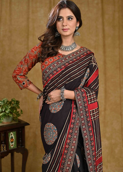 Elegant Natural Color Block Printed Black Ajrakh Saree