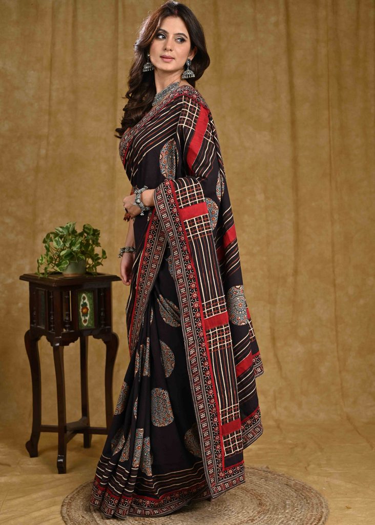 Elegant Natural Color Block Printed Black Ajrakh Saree