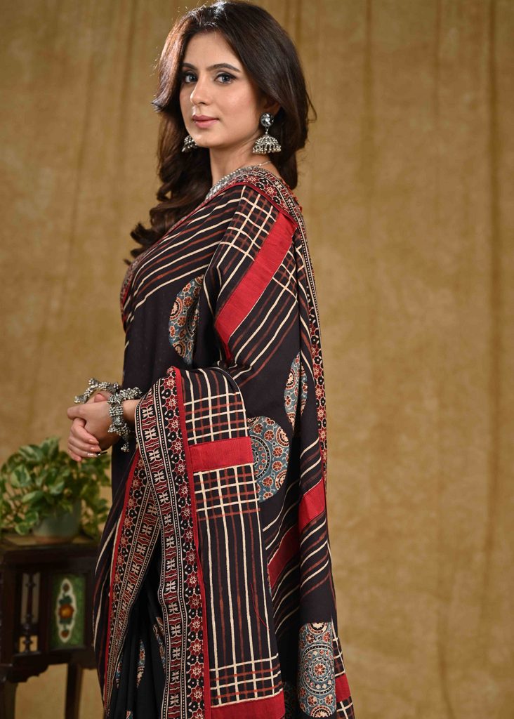 Elegant Natural Color Block Printed Black Ajrakh Saree
