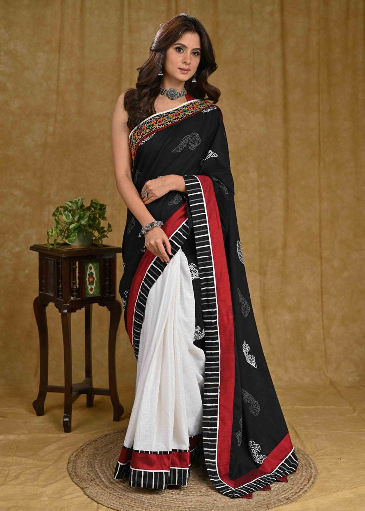 Beautiful White Cotton Saree with Fish Ajrakh Pallu and Line Ajrakh Border