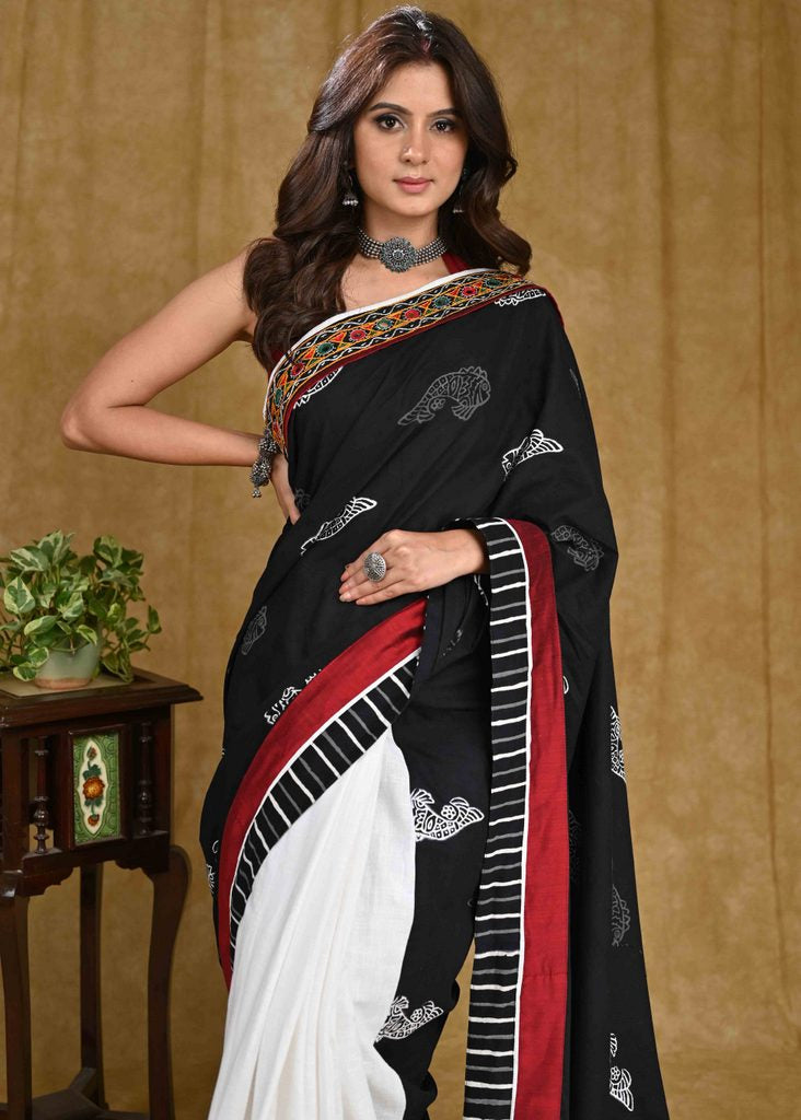 Beautiful White Cotton Saree with Fish Ajrakh Pallu and Line Ajrakh Border