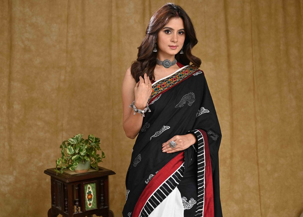 Beautiful White Cotton Saree with Fish Ajrakh Pallu and Line Ajrakh Border