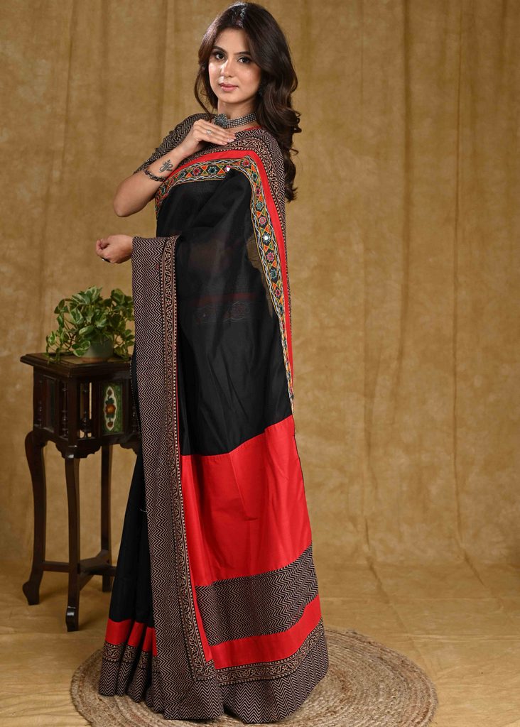 Gorgeous Black Chanderi Saree with Mirrorwork Combination Black Ajrakh Border and Maroon Cotton Silk Pallu