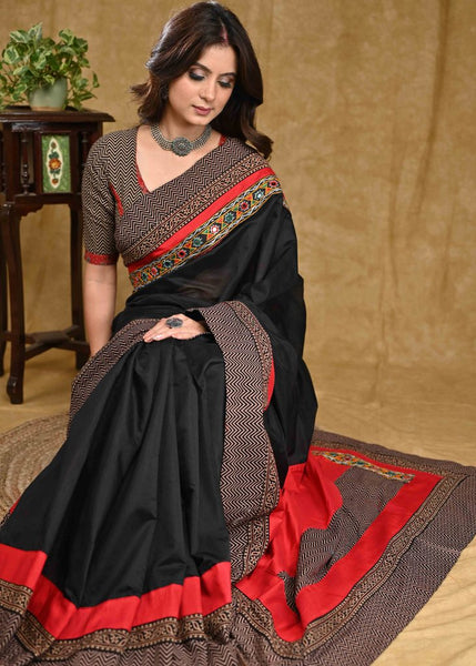 Gorgeous Black Chanderi Saree with Mirrorwork Combination Black Ajrakh Border and Maroon Cotton Silk Pallu
