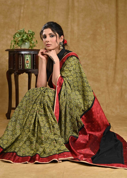 Graceful Green Ajrakh Saree with Cotton Silk Pallu and Benarasi Border