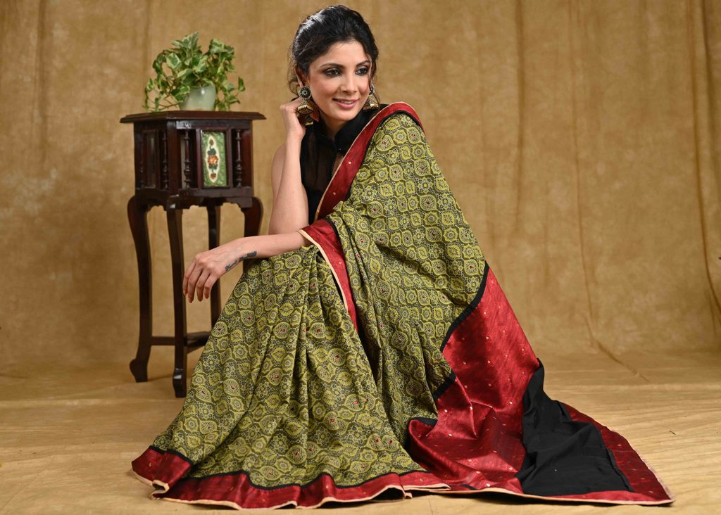 Graceful Green Ajrakh Saree with Cotton Silk Pallu and Benarasi Border