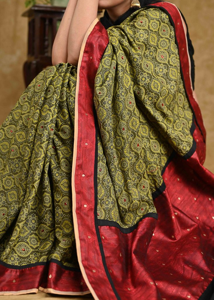 Graceful Green Ajrakh Saree with Cotton Silk Pallu and Benarasi Border