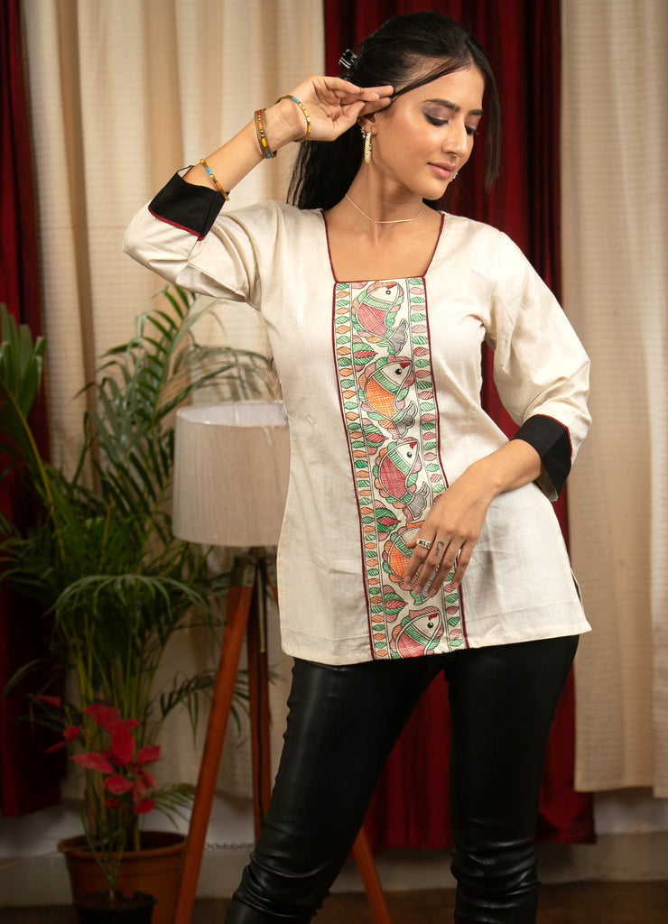 White cotton silk top with hand painted Madhubani work