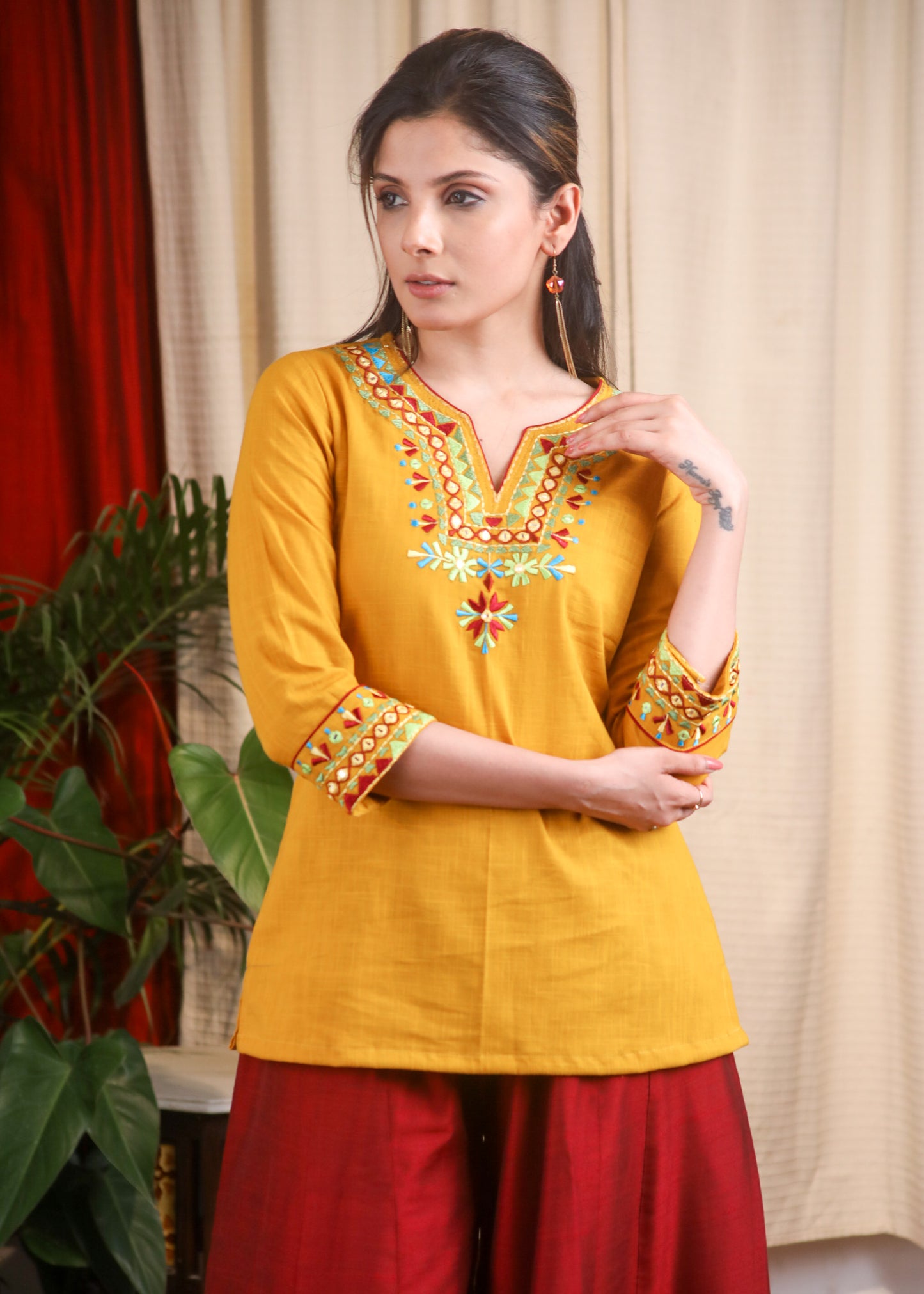 Mustard Cotton Embroidery Top