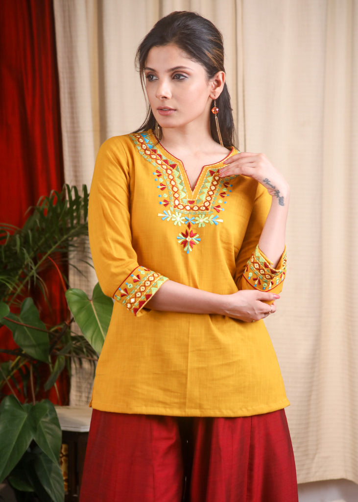 Mustard Cotton Embroidery Top