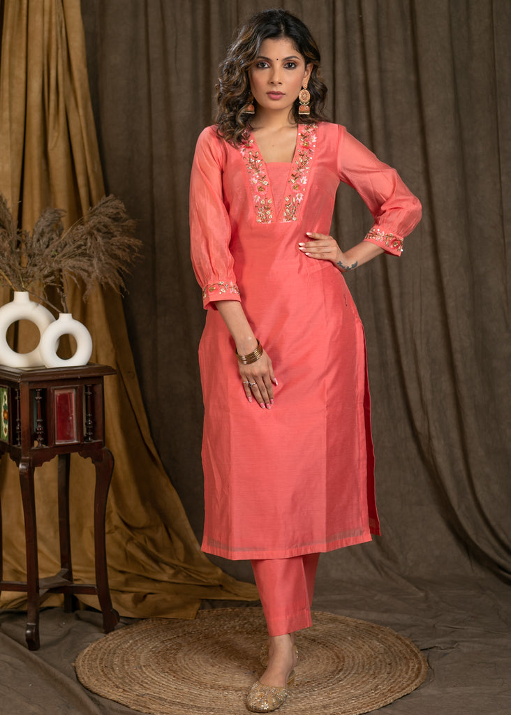 Gorgeous Peach Chanderi Kurta with Zardosi Work On Neckline and Sleeves with Lining - Pant Optional