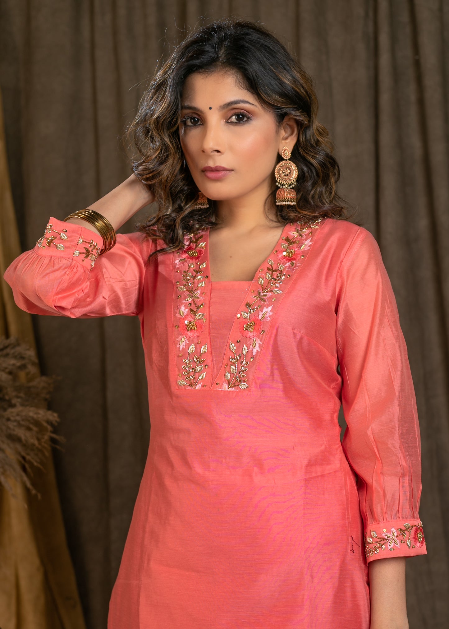 Gorgeous Peach Chanderi Kurta with Zardosi Work On Neckline and Sleeves with Lining - Pant Optional