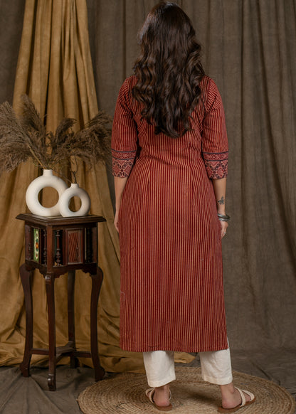 Elegant V Neckline Cotton Ajrakh Combination Straight Cut Kurta with Wooden Buttons - Pant Optional