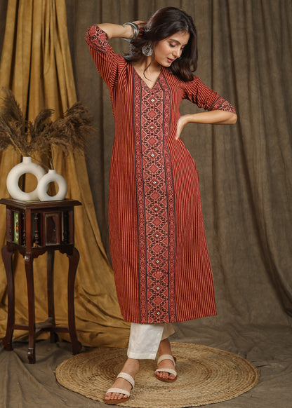 Elegant V Neckline Cotton Ajrakh Combination Straight Cut Kurta with Wooden Buttons - Pant Optional