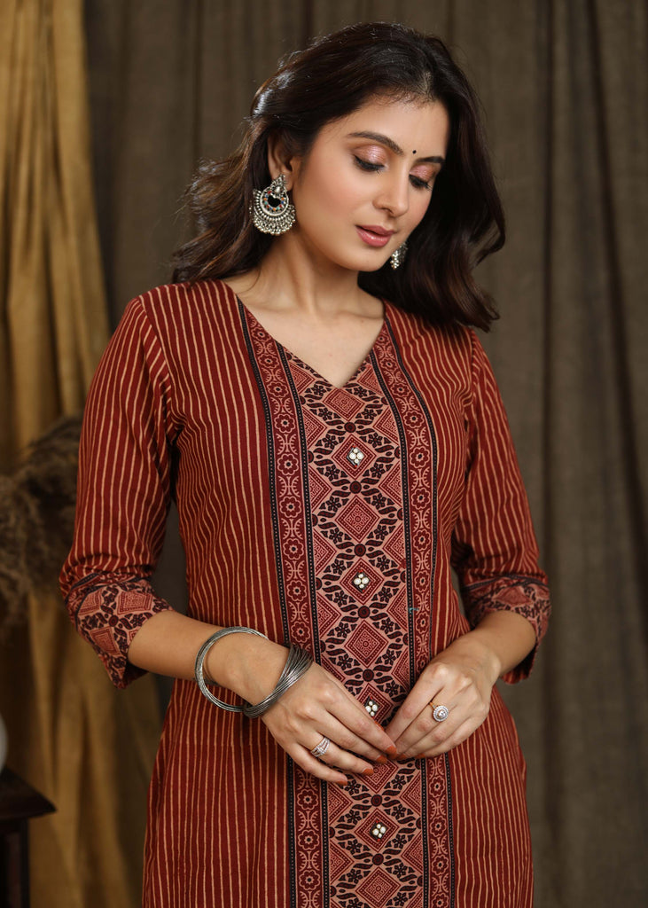 Elegant V Neckline Cotton Ajrakh Combination Straight Cut Kurta with Wooden Buttons - Pant Optional