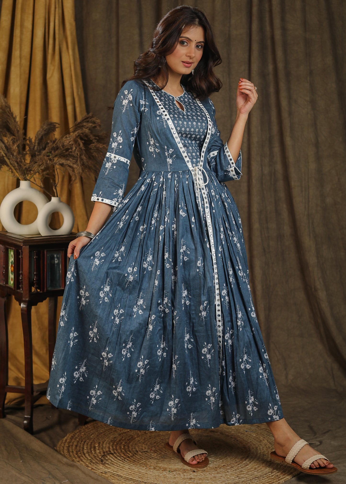 Exclusive grey floral print gown with attached jacket