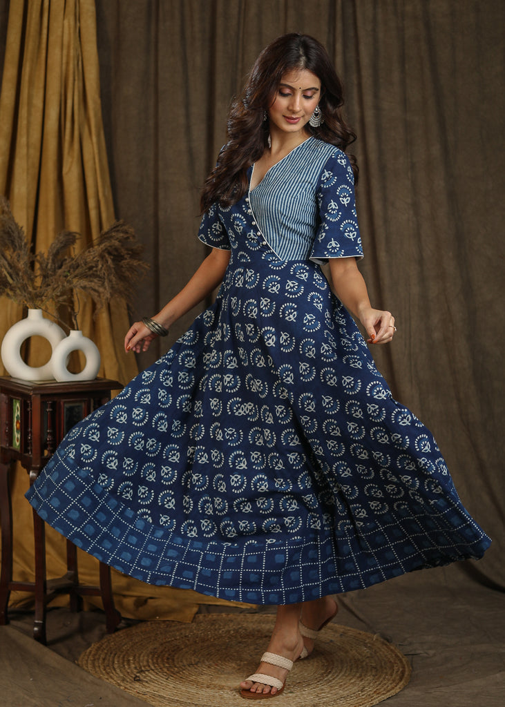 Trendy indigo gown with elbow sleeves and pearl embellishments