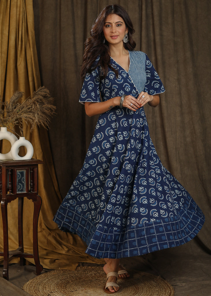 Trendy indigo gown with elbow sleeves and pearl embellishments