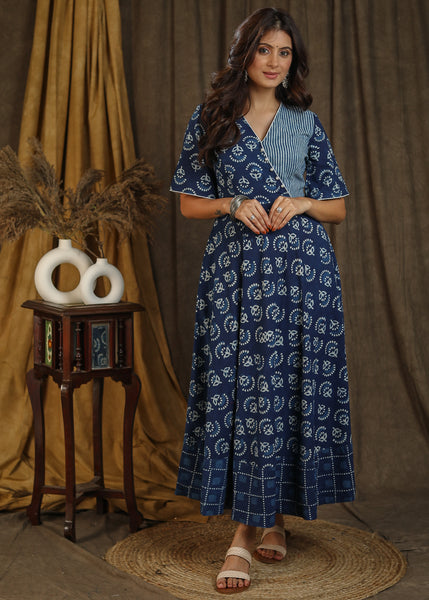 Trendy indigo gown with elbow sleeves and pearl embellishments