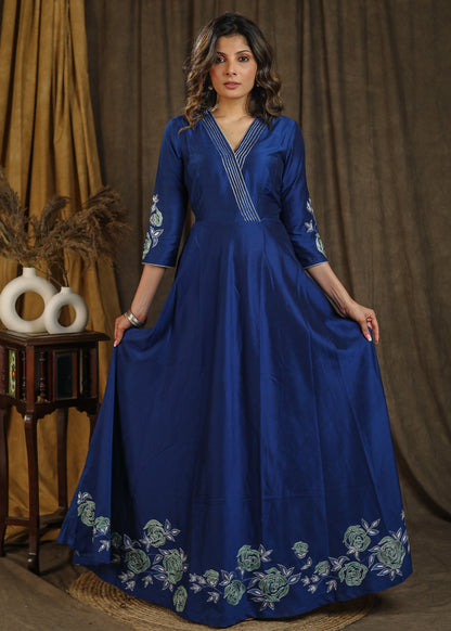 Exclusive royal gown with beautiful floral embroidery on hem and sleeves