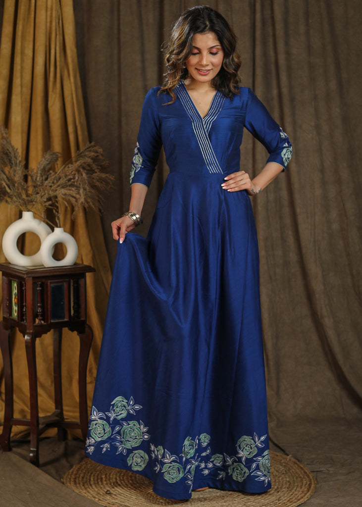 Exclusive royal gown with beautiful floral embroidery on hem and sleeves