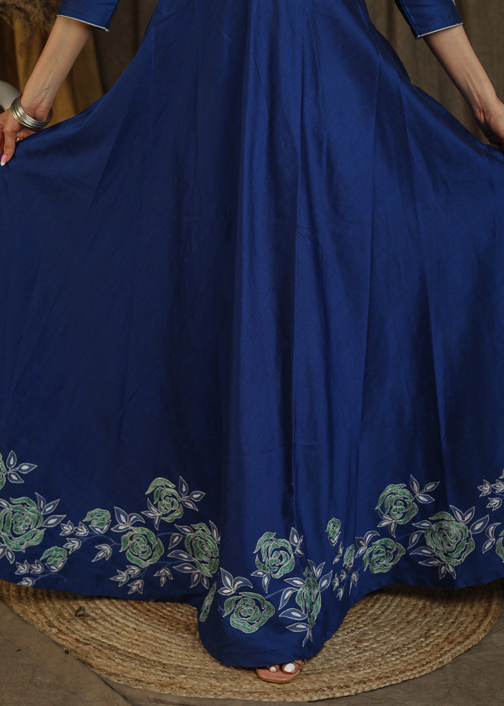Exclusive royal gown with beautiful floral embroidery on hem and sleeves