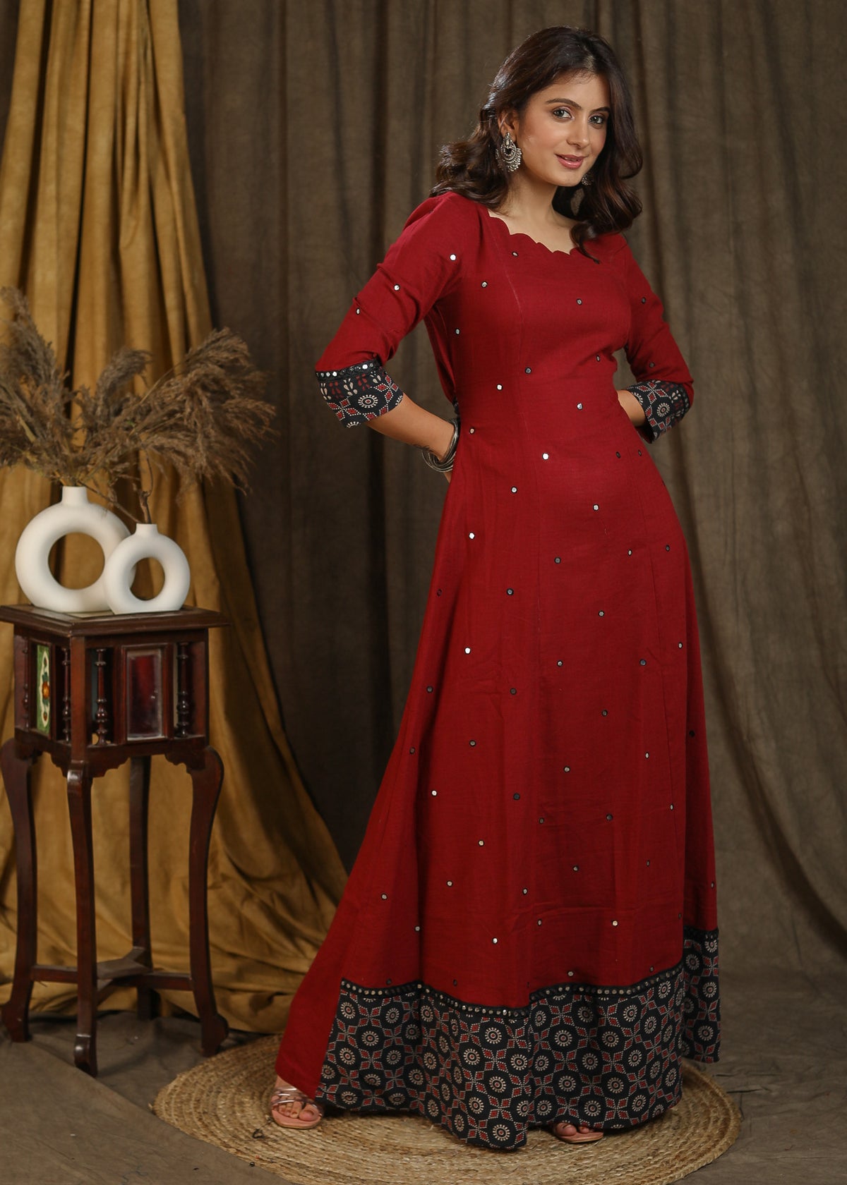 Dussehra Sale — Classy maroon ajrakh combination gown with scallops neckline and all over mirror embroidery
