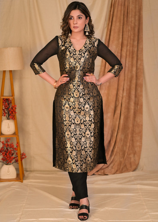 Elegant Black Brocade Kurta with Embroidered Gold and Magenta Cotton Silk Jacket - Pant Optional
