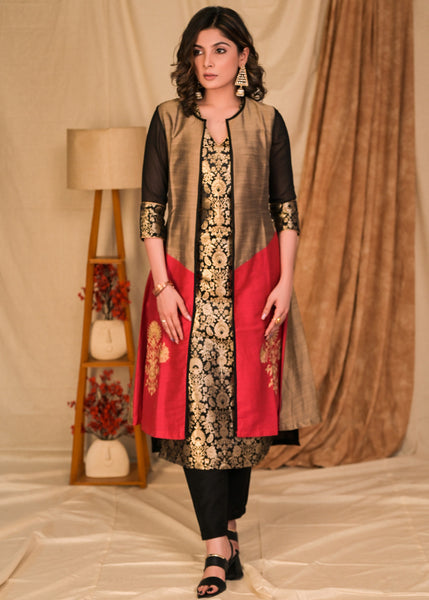 Elegant Black Brocade Kurta with Embroidered Gold and Magenta Cotton Silk Jacket - Pant Optional