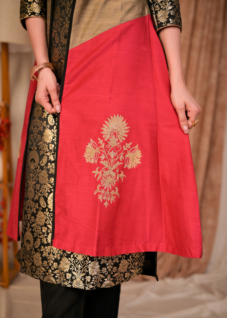 Elegant Black Brocade Kurta with Embroidered Gold and Magenta Cotton Silk Jacket - Pant Optional