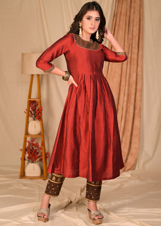 Elegant A Line Maroon Front Pleated Kurta with Hand Embroidery on Neckline and Sleeves - Contrast Brown Pant Optional