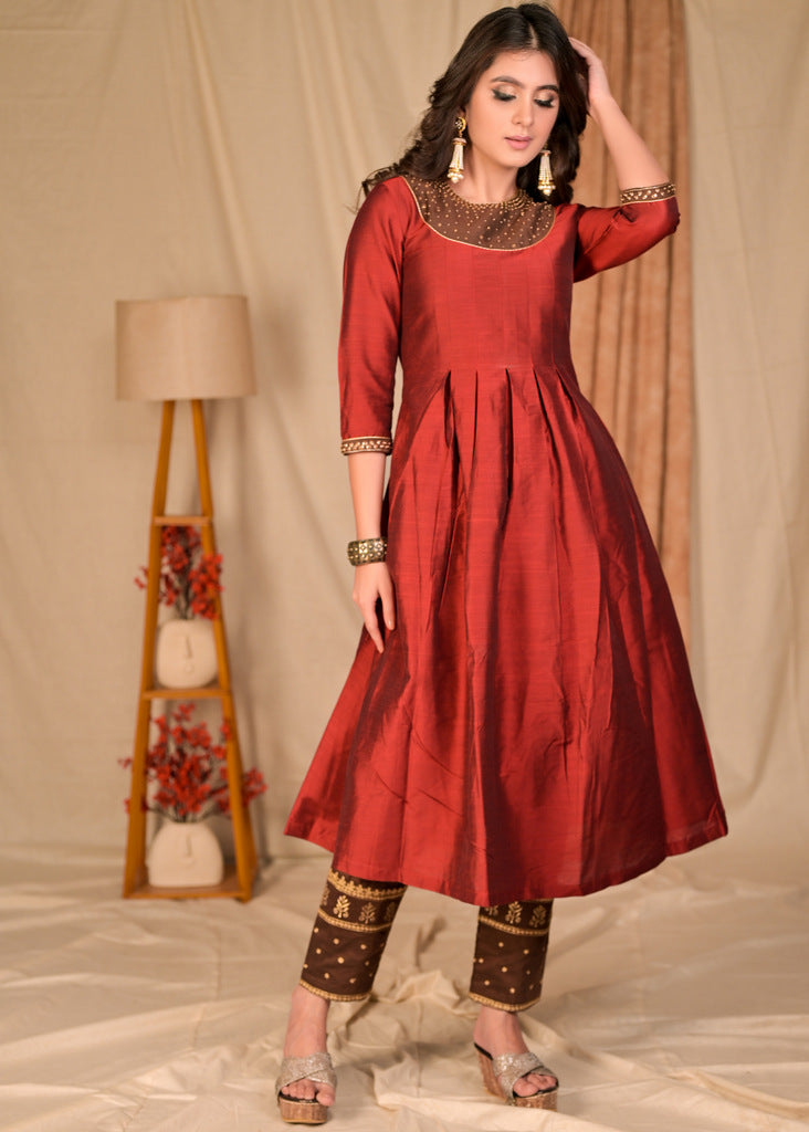 Elegant A Line Maroon Front Pleated Kurta with Hand Embroidery on Neckline and Sleeves - Contrast Brown Pant Optional