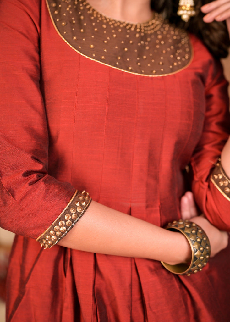 Elegant A Line Maroon Front Pleated Kurta with Hand Embroidery on Neckline and Sleeves - Contrast Brown Pant Optional