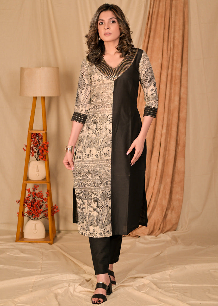 Exclusive Black Cotton Silk and Madhubani Print Combination Kurta with Hand Embroidery on Neckline and Sleeves - Pant Optional