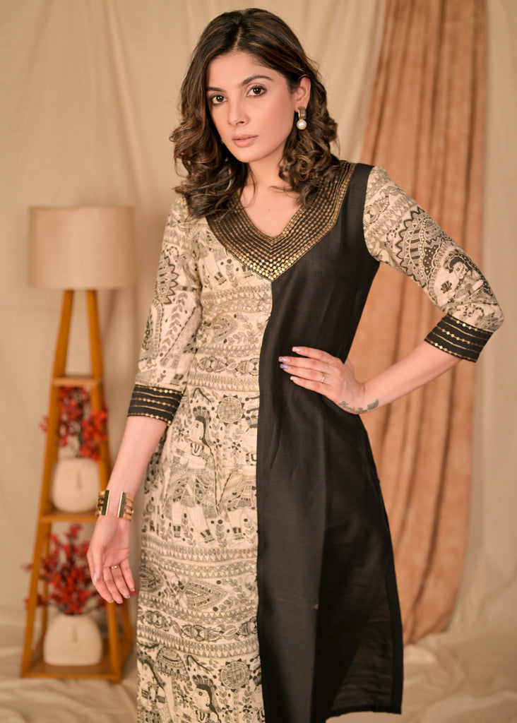 Exclusive Black Cotton Silk and Madhubani Print Combination Kurta with Hand Embroidery on Neckline and Sleeves - Pant Optional