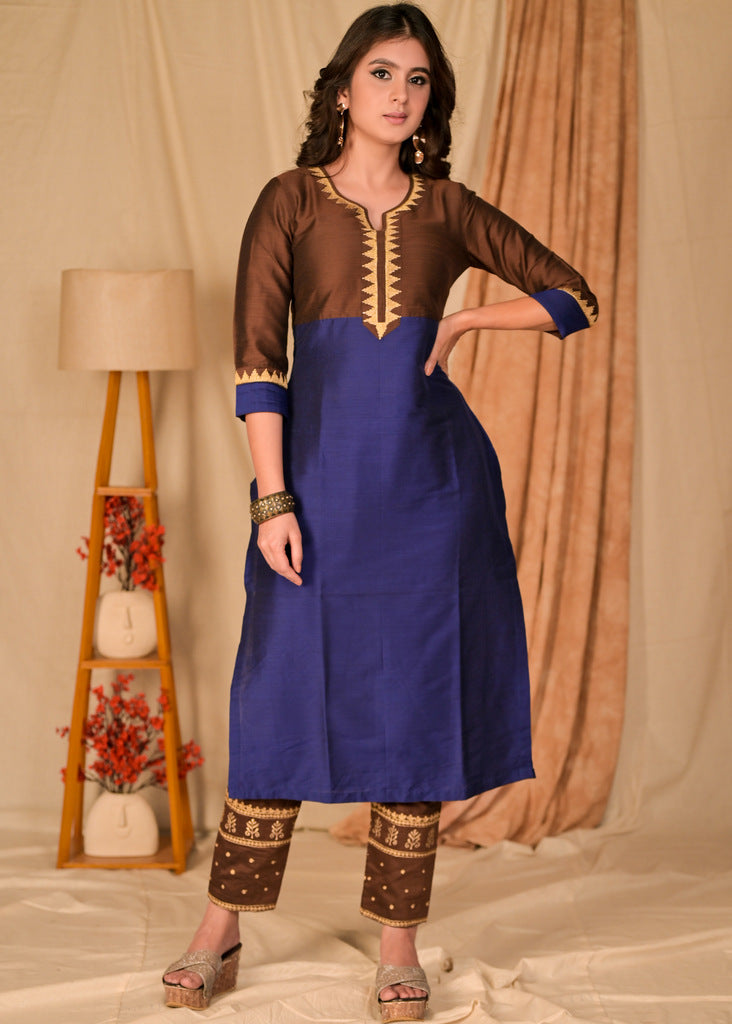 Trendy Straight Cut Brown and Royal Blue Blocked Cotton Silk Kurta with Embroidered Neckline - Embroidered Pant Optional
