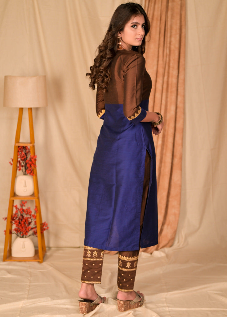 Trendy Straight Cut Brown and Royal Blue Blocked Cotton Silk Kurta with Embroidered Neckline - Embroidered Pant Optional