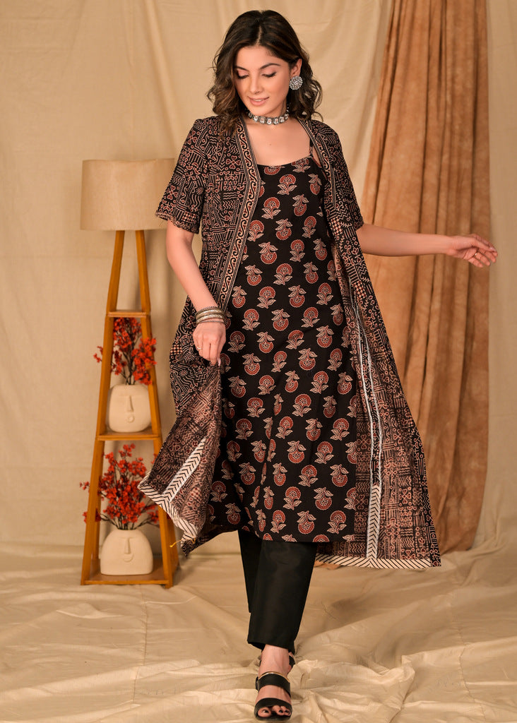 Beautiful Black Floral Cotton Ajrakh Kurta with Geometric Cotton Ajrakh Jacket - Pant Optional