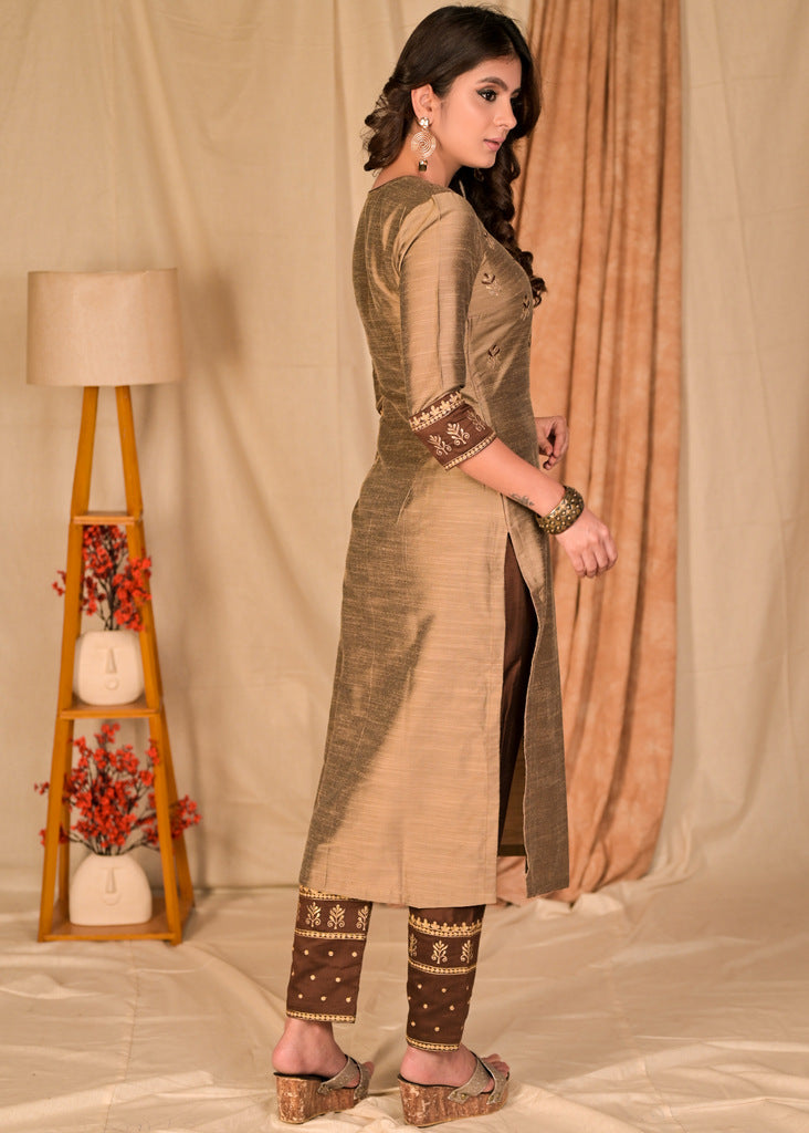 Exclusive Gold Cotton Silk Kurta with Beautiful Embroidery Front and Sleeves - Pant Optional