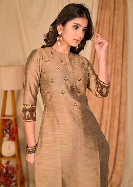 Exclusive Gold Cotton Silk Kurta with Beautiful Embroidery Front and Sleeves - Pant Optional