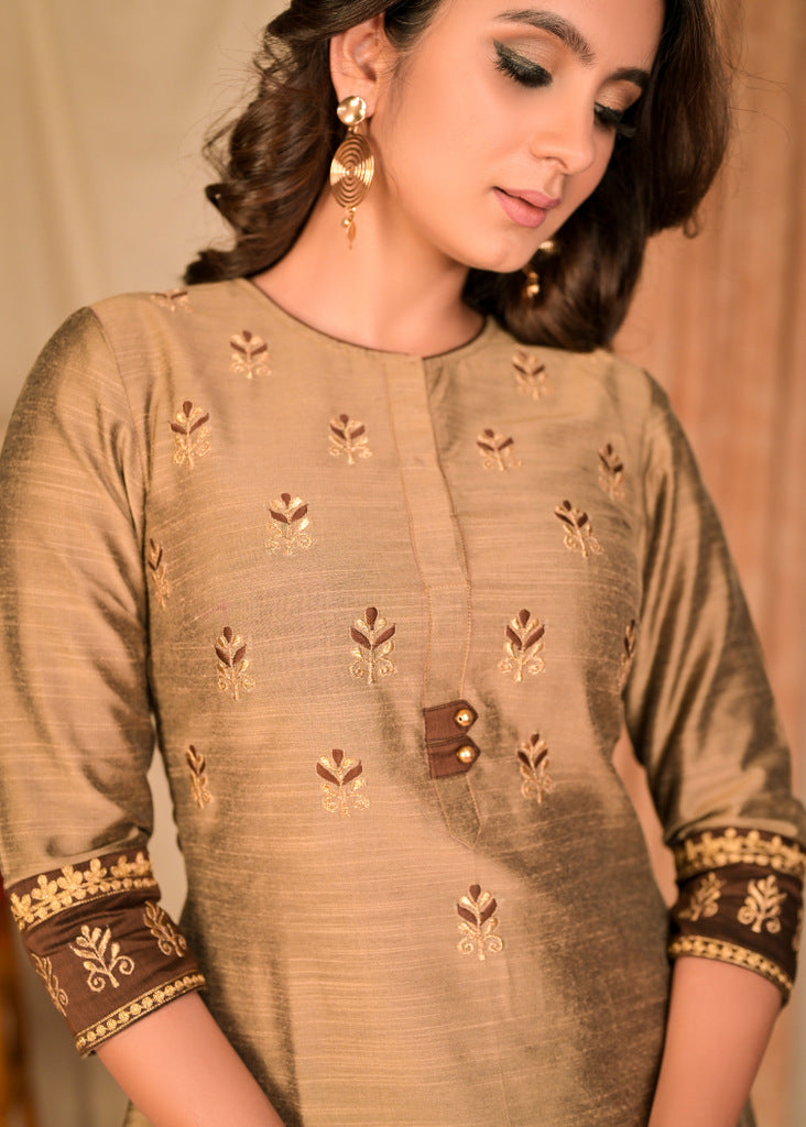 Exclusive Gold Cotton Silk Kurta with Beautiful Embroidery Front and Sleeves - Pant Optional