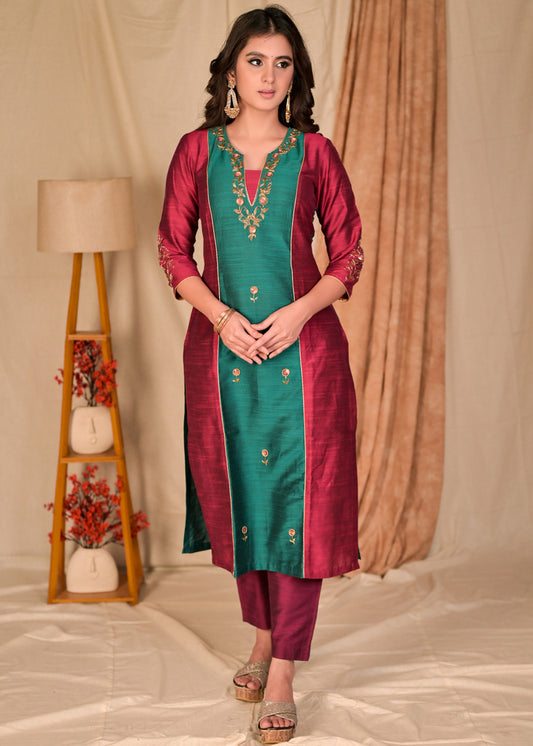 Elegant Wine and Turquoise Green Cotton Silk Combination Kurta with Hand Embroidery on Front and Sleeves - Pant Optional