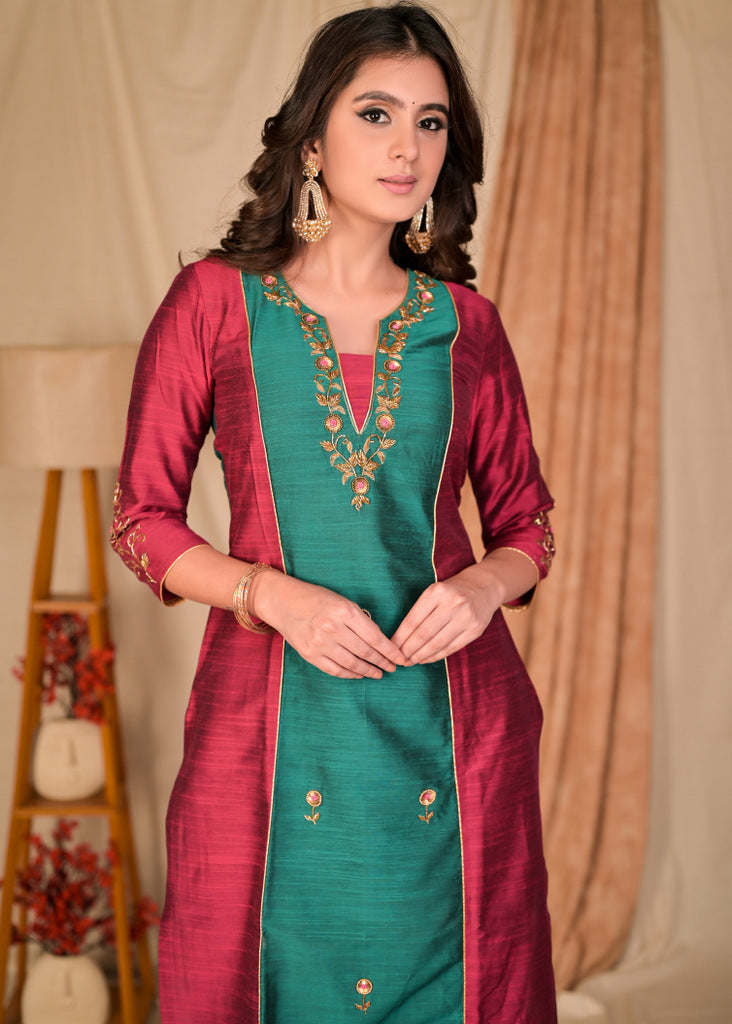 Elegant Wine and Turquoise Green Cotton Silk Combination Kurta with Hand Embroidery on Front and Sleeves - Pant Optional