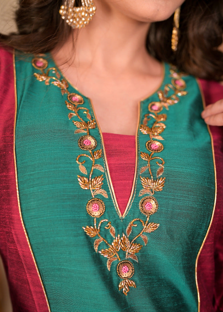 Elegant Wine and Turquoise Green Cotton Silk Combination Kurta with Hand Embroidery on Front and Sleeves - Pant Optional