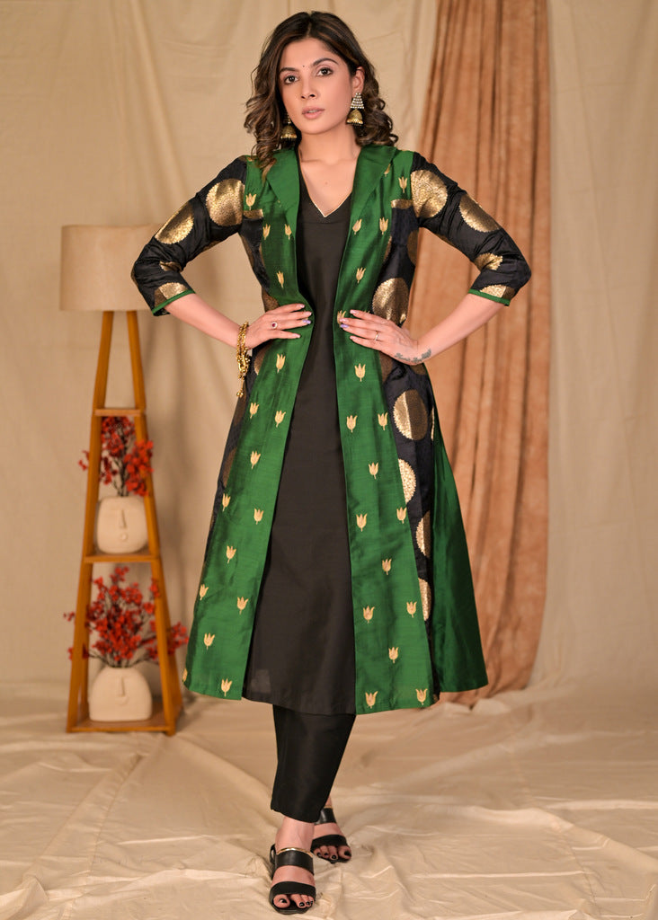 Beautiful Bottle Green and Black Cotton Silk Brocade Jacket and Black Cotton Silk Kurta Set - Pant Optional