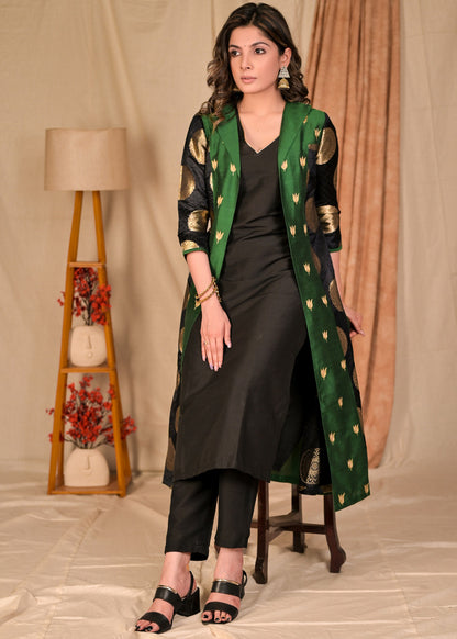 Black Cotton Silk Kurta - Brocade Jacket & Pant Optional