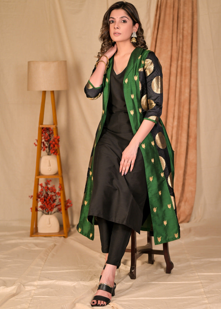 Beautiful Bottle Green and Black Cotton Silk Brocade Jacket and Black Cotton Silk Kurta Set - Pant Optional
