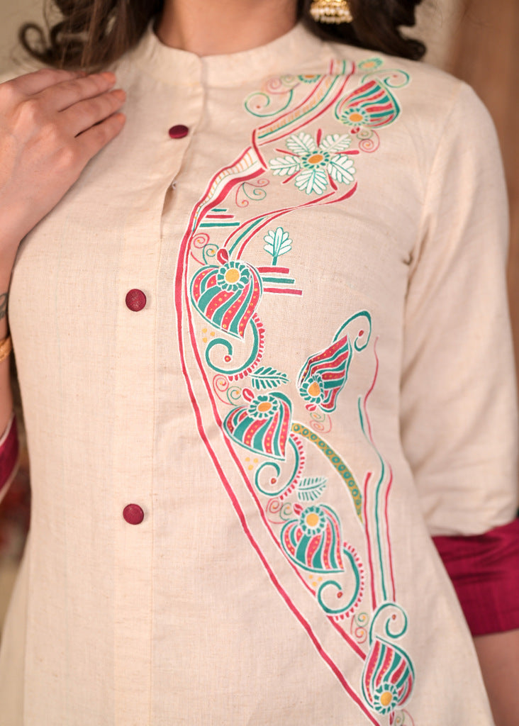 Classy A-Line Hand Painted Off-White Flex Kurta with Contrast Detailing - Pant Optional